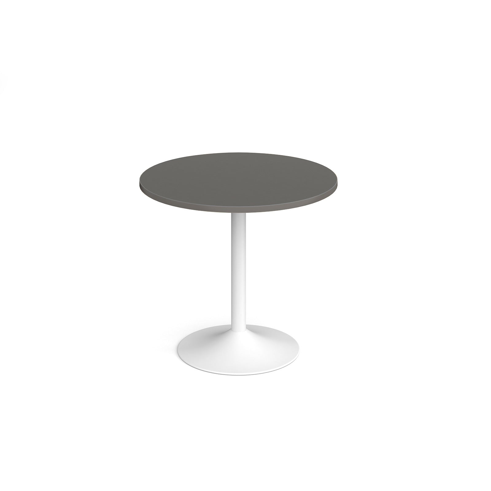 A modern round dining table with a grey top and a white pedestal base, shown on a seamless white background.