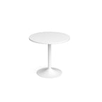 A minimalist white dining table with a round top and a single pedestal base, shown on a seamless white background.