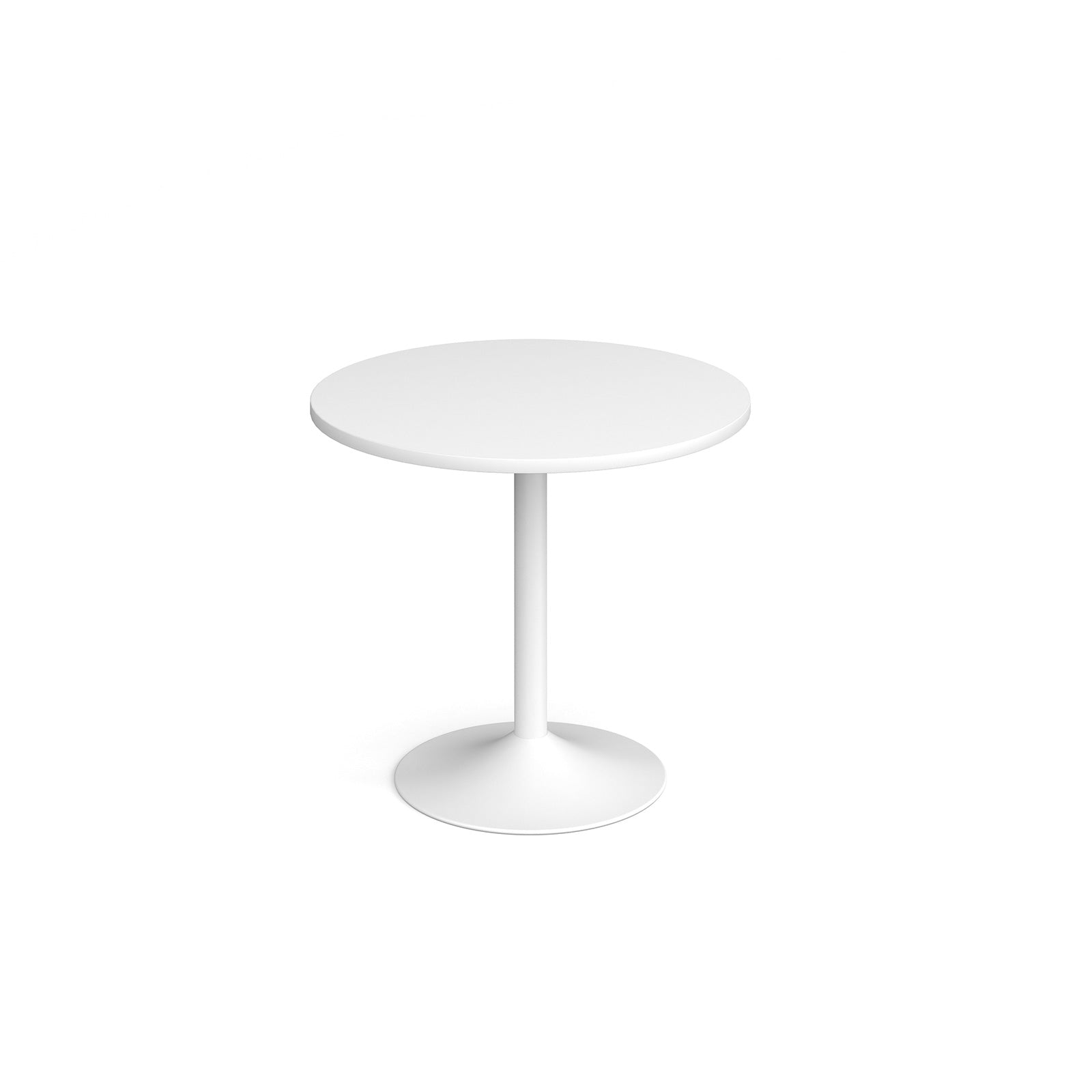 A minimalist white dining table with a round top and a single pedestal base, shown on a seamless white background.