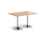 A rectangular table with a light wood-effect top and two polished chrome pedestal legs, shown on a plain white background.