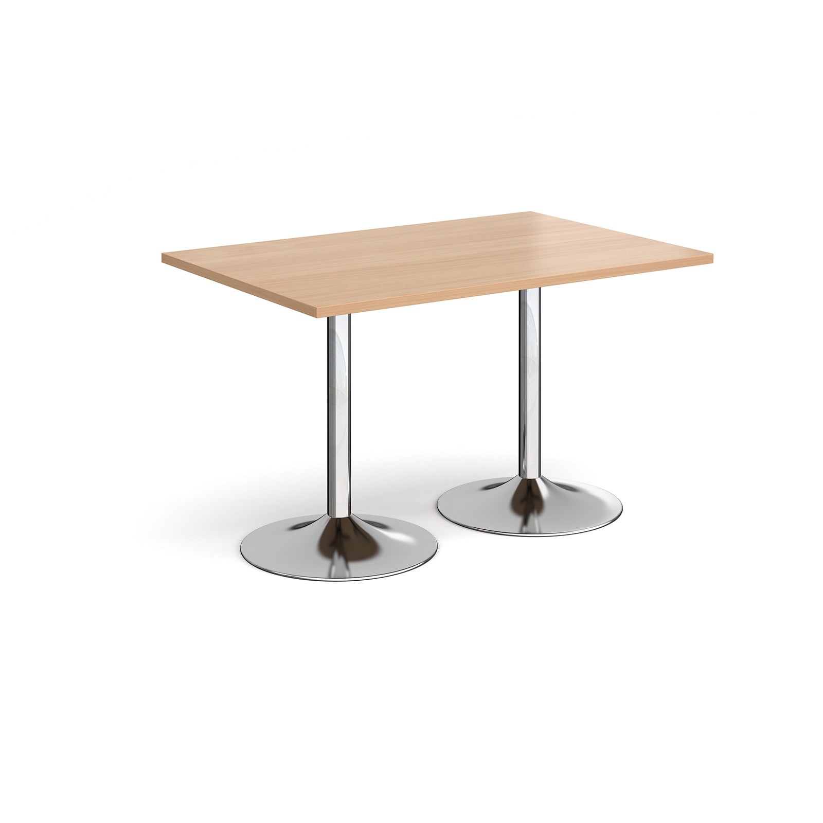 A rectangular table with a light wood-effect top and two polished chrome pedestal legs, shown on a plain white background.