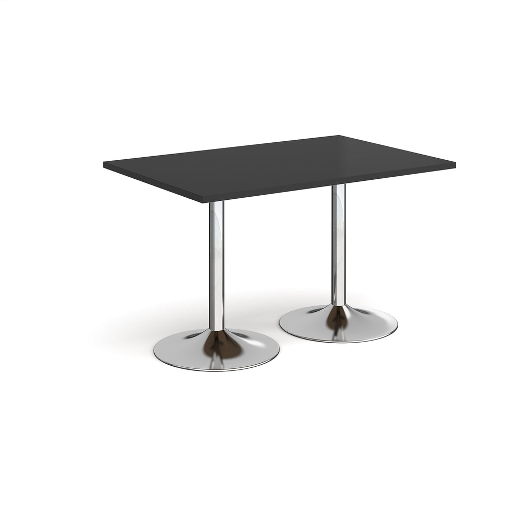 A modern rectangular table with a black top and two slim chrome pedestal bases with round flared feet, shown on a plain white background.