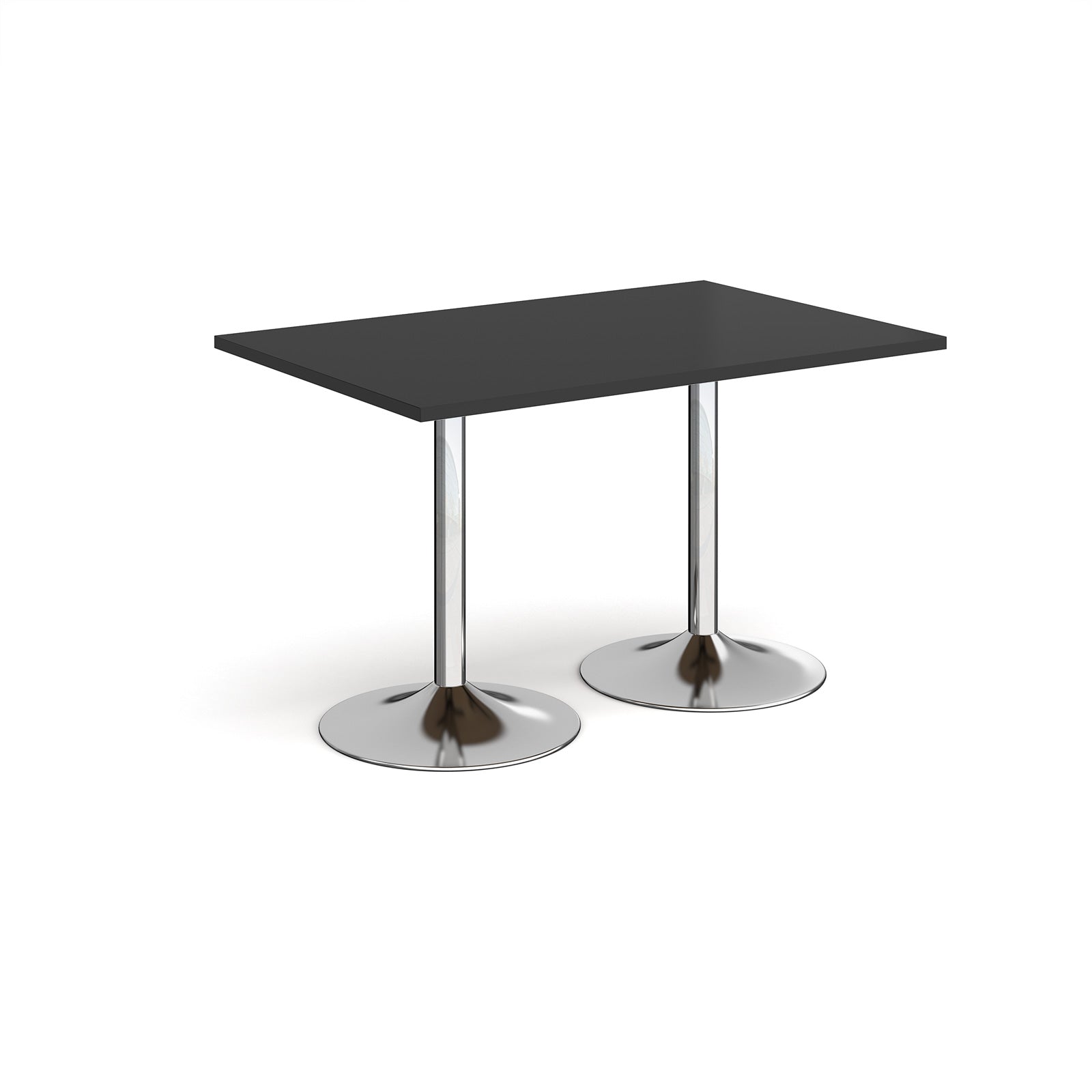 A modern rectangular table with a black top and two slim chrome pedestal bases with round flared feet, shown on a plain white background.