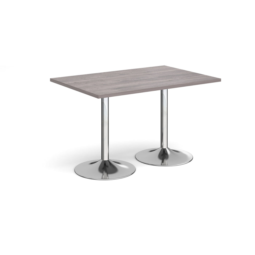A rectangular table with a grey wood-effect top and two polished chrome pedestal legs, shown on a plain white background.