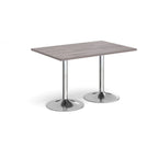 A rectangular table with a grey wood-effect top and two polished chrome pedestal legs, shown on a plain white background.