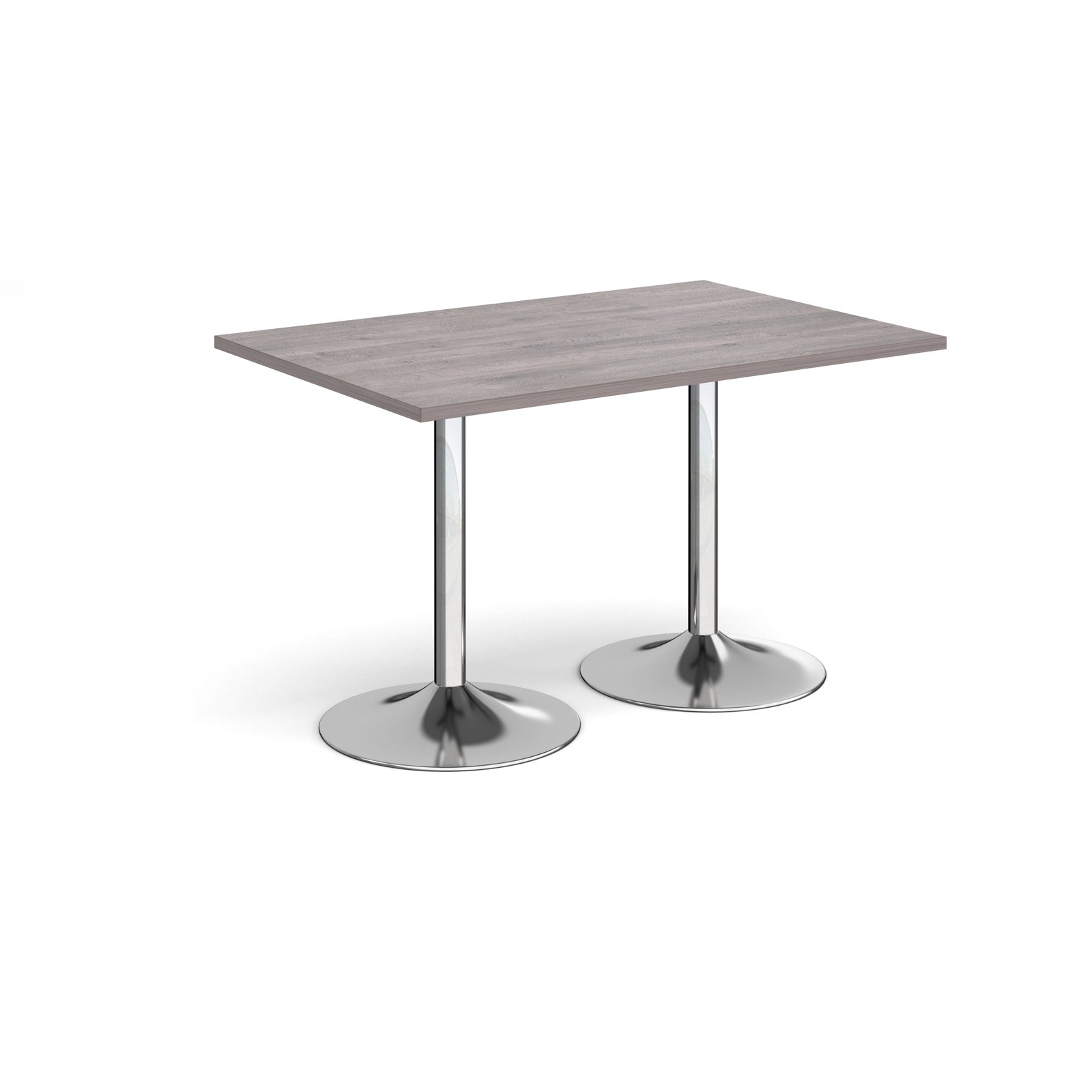A rectangular table with a grey wood-effect top and two polished chrome pedestal legs, shown on a plain white background.