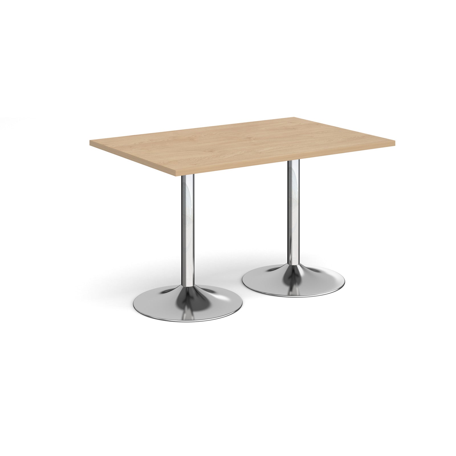 A rectangular table with a light wood-effect top and two polished chrome pedestal legs, shown on a plain white background.