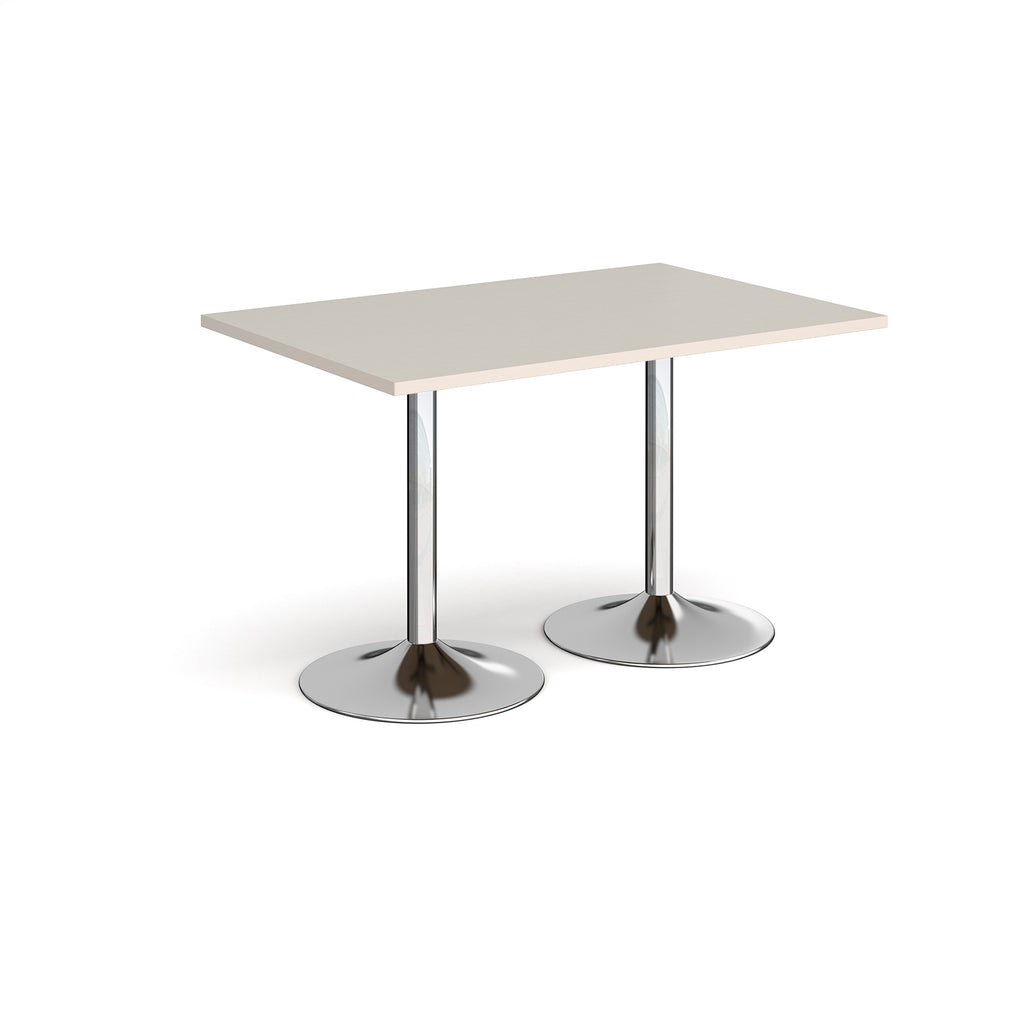 A rectangular table with a light grey top and two polished chrome pedestal legs, shown on a plain white background.