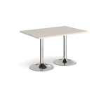 A rectangular table with a light grey top and two polished chrome pedestal legs, shown on a plain white background.
