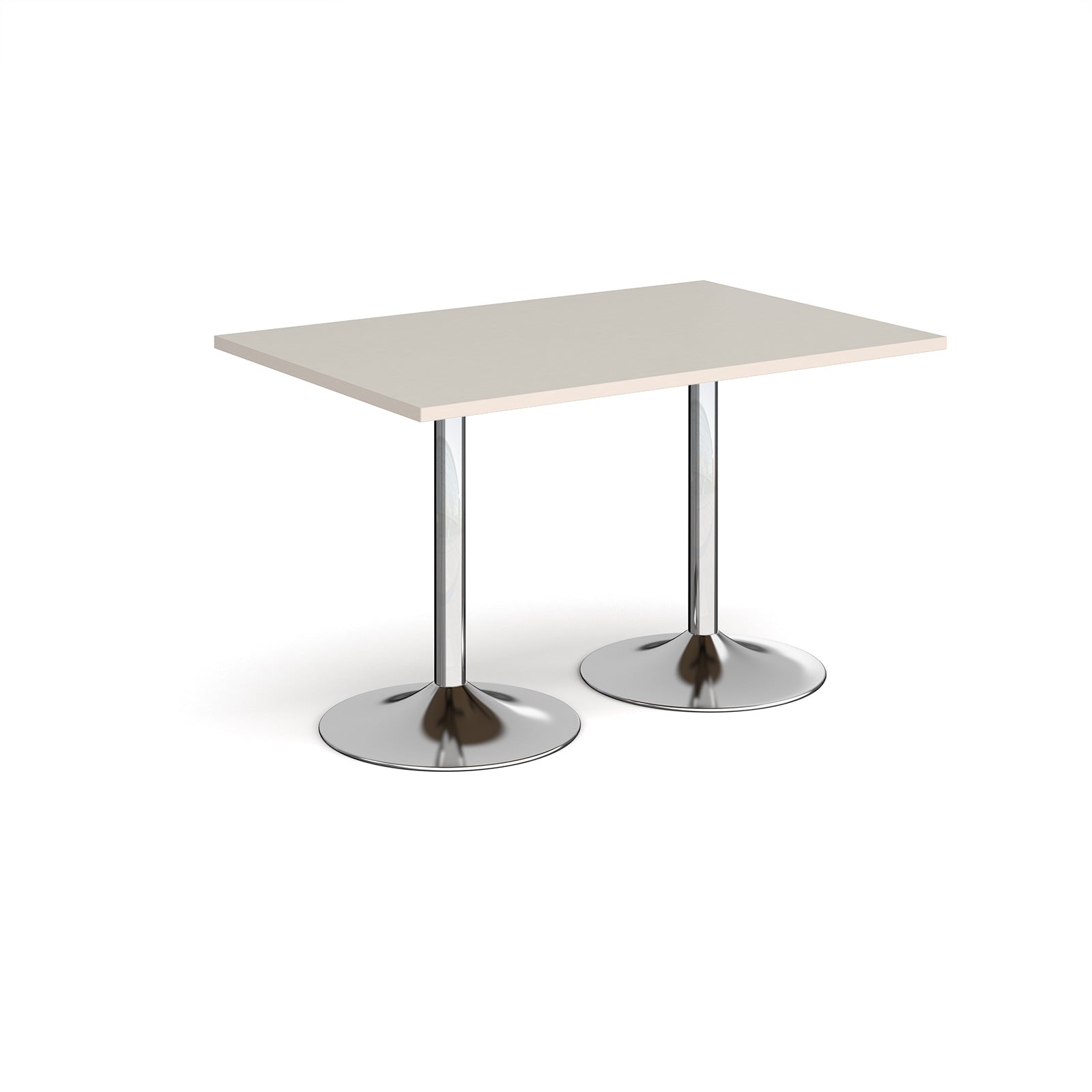 A rectangular table with a light grey top and two polished chrome pedestal legs, shown on a plain white background.