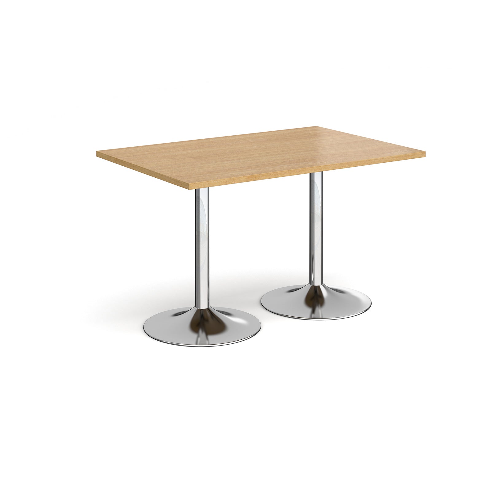 A rectangular table with a light wood-effect top and two polished chrome pedestal legs, shown on a plain white background.