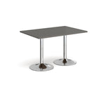 A rectangular table with a grey top and two polished chrome pedestal legs, shown on a plain white background.