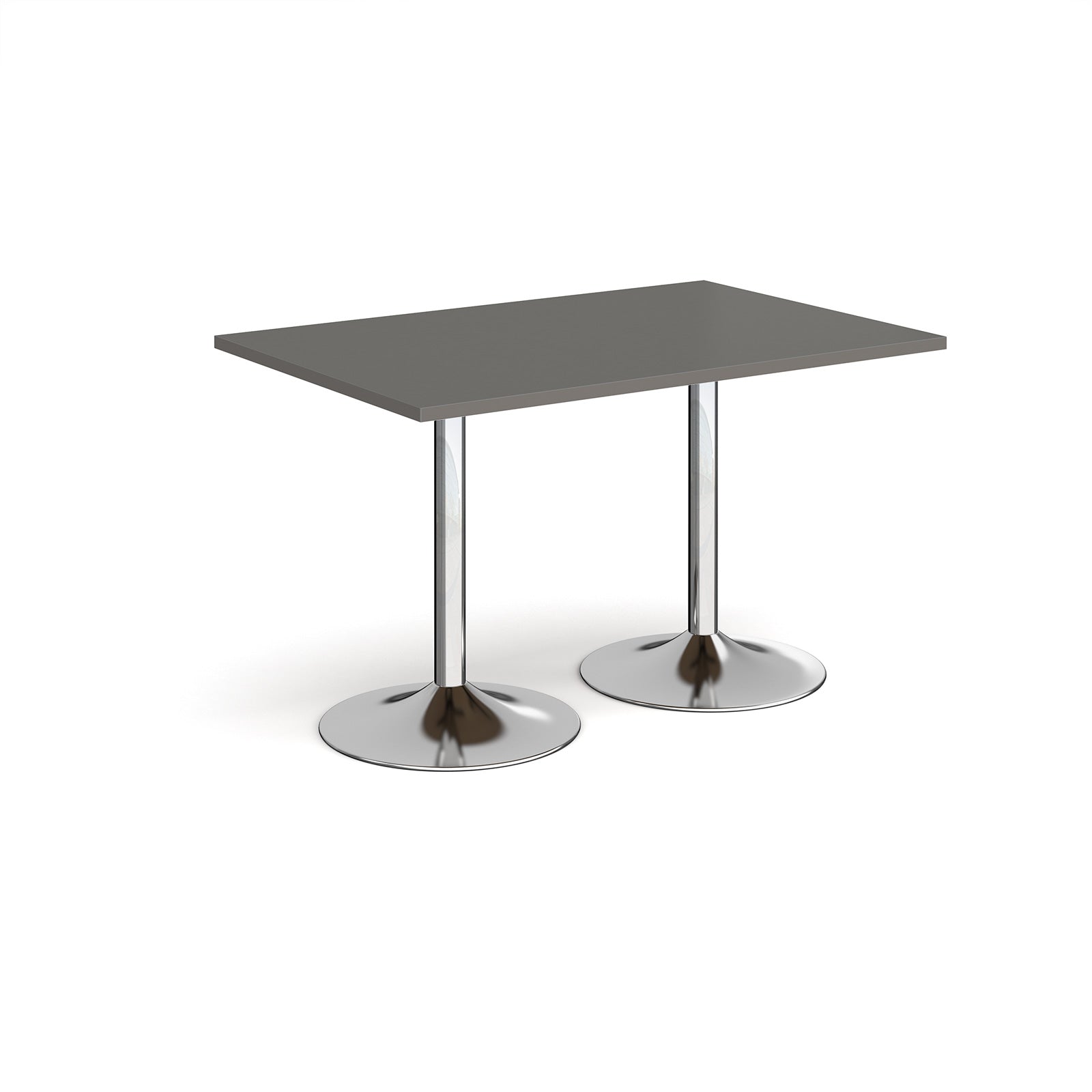 A rectangular table with a grey top and two polished chrome pedestal legs, shown on a plain white background.
