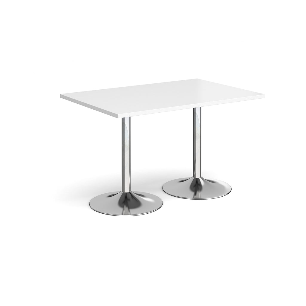 A rectangular table with a white top and two polished chrome pedestal legs, shown on a plain white background.