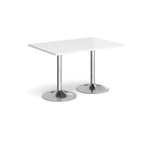 A rectangular table with a white top and two polished chrome pedestal legs, shown on a plain white background.