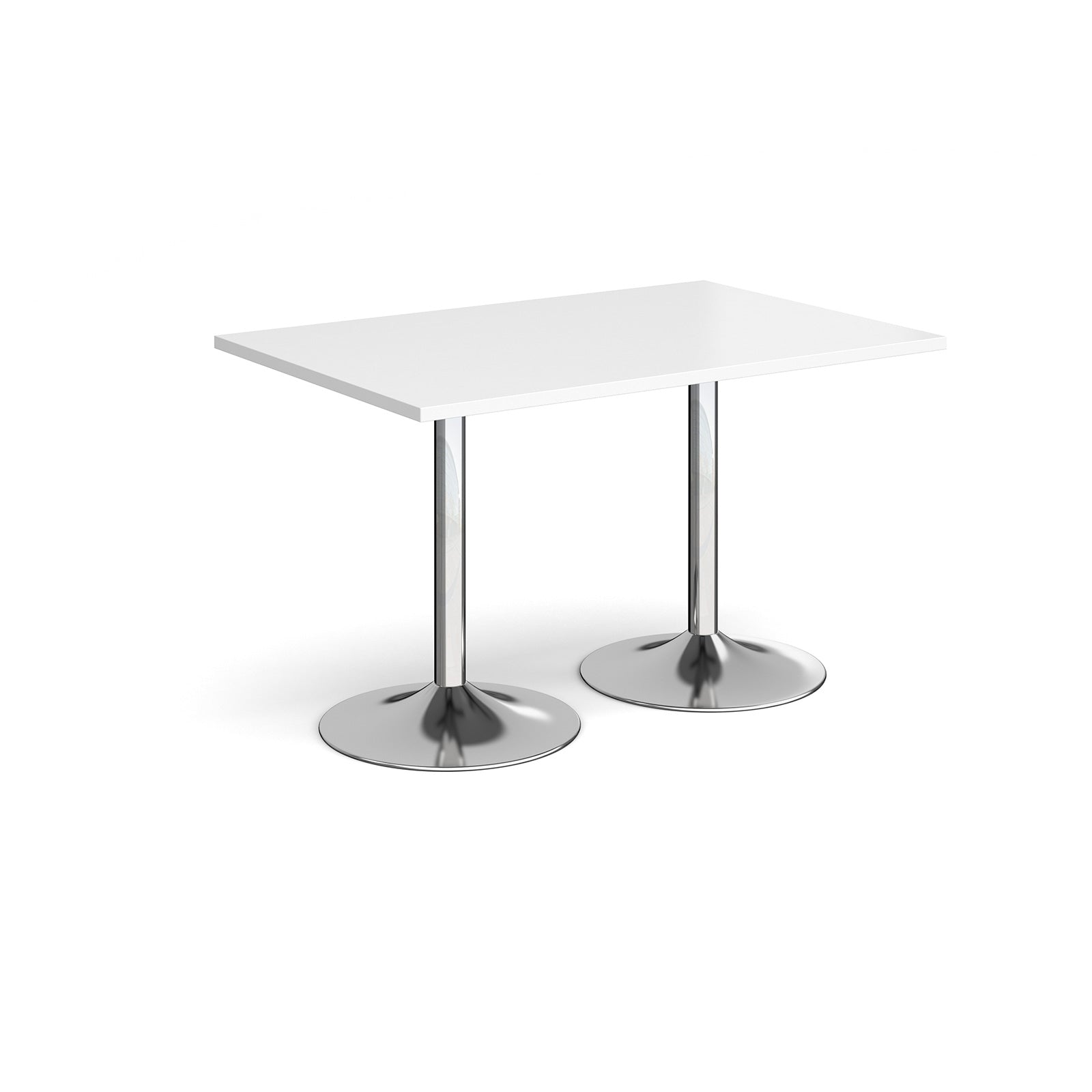 A rectangular table with a white top and two polished chrome pedestal legs, shown on a plain white background.