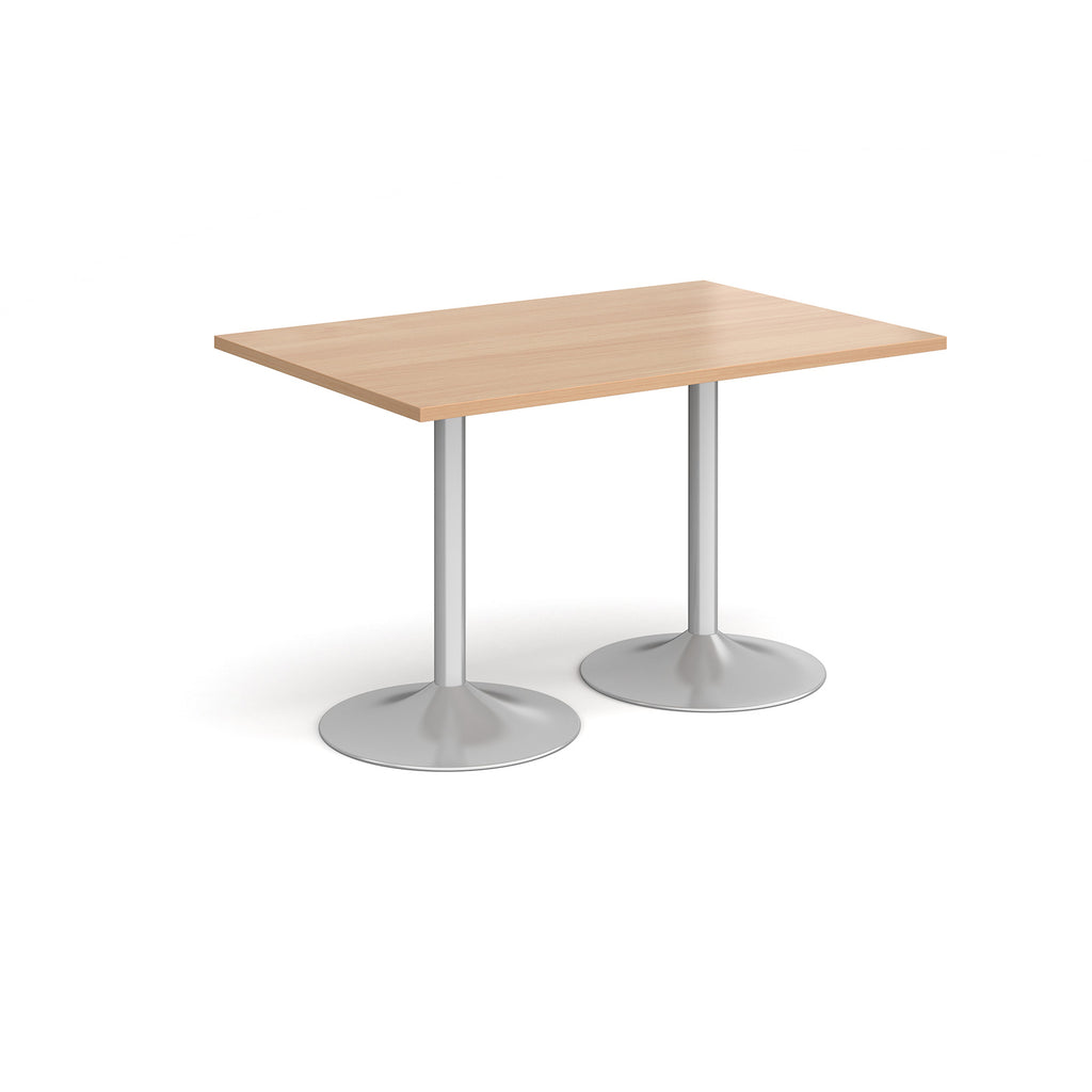 A rectangular table with a light wood-effect top and two silver pedestal bases, shown on a plain white background.