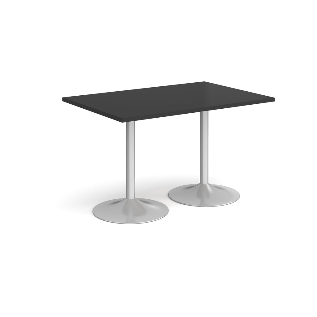 A modern rectangular table with a black top and two silver pedestal bases, shown on a plain white background.