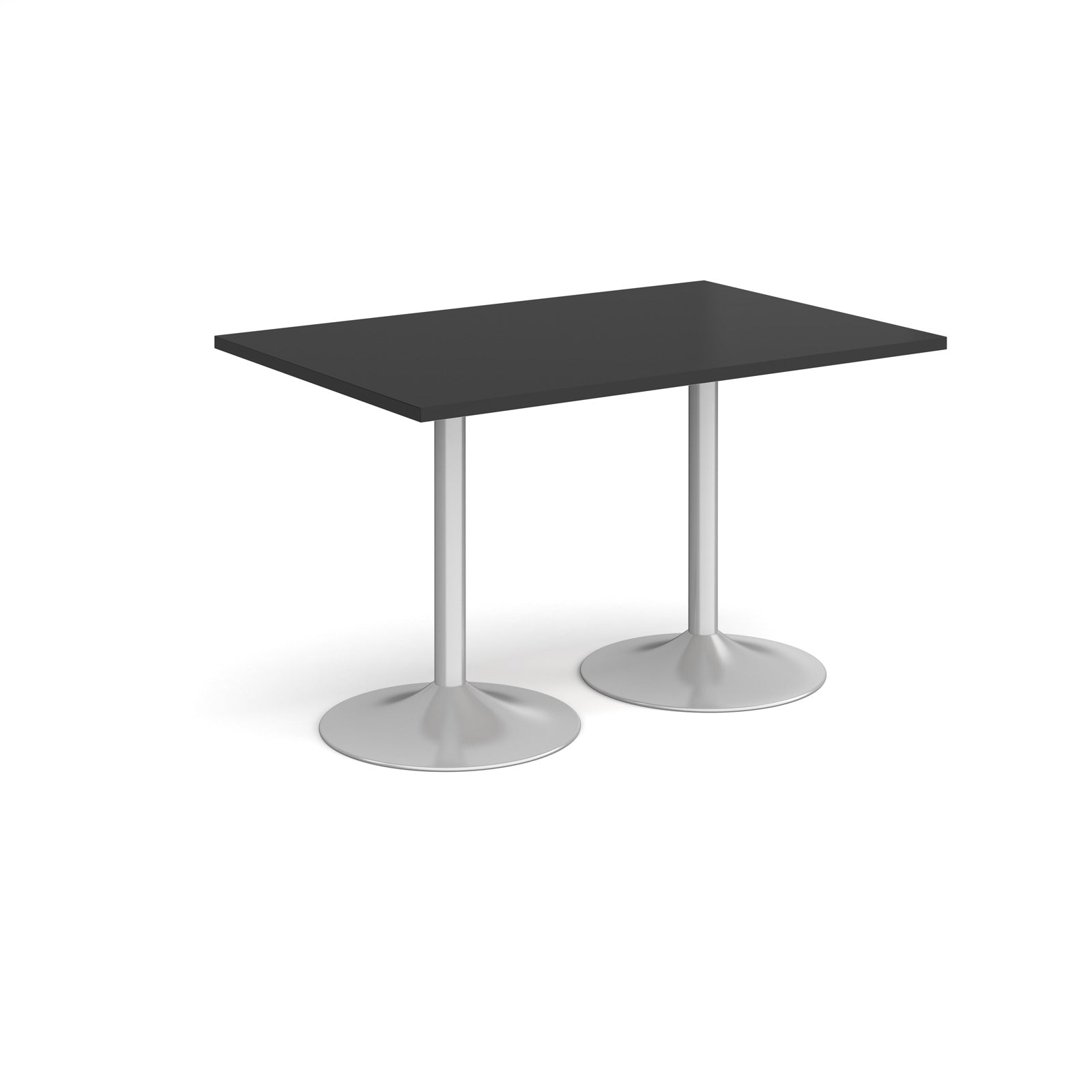A modern rectangular table with a black top and two silver pedestal bases, shown on a plain white background.