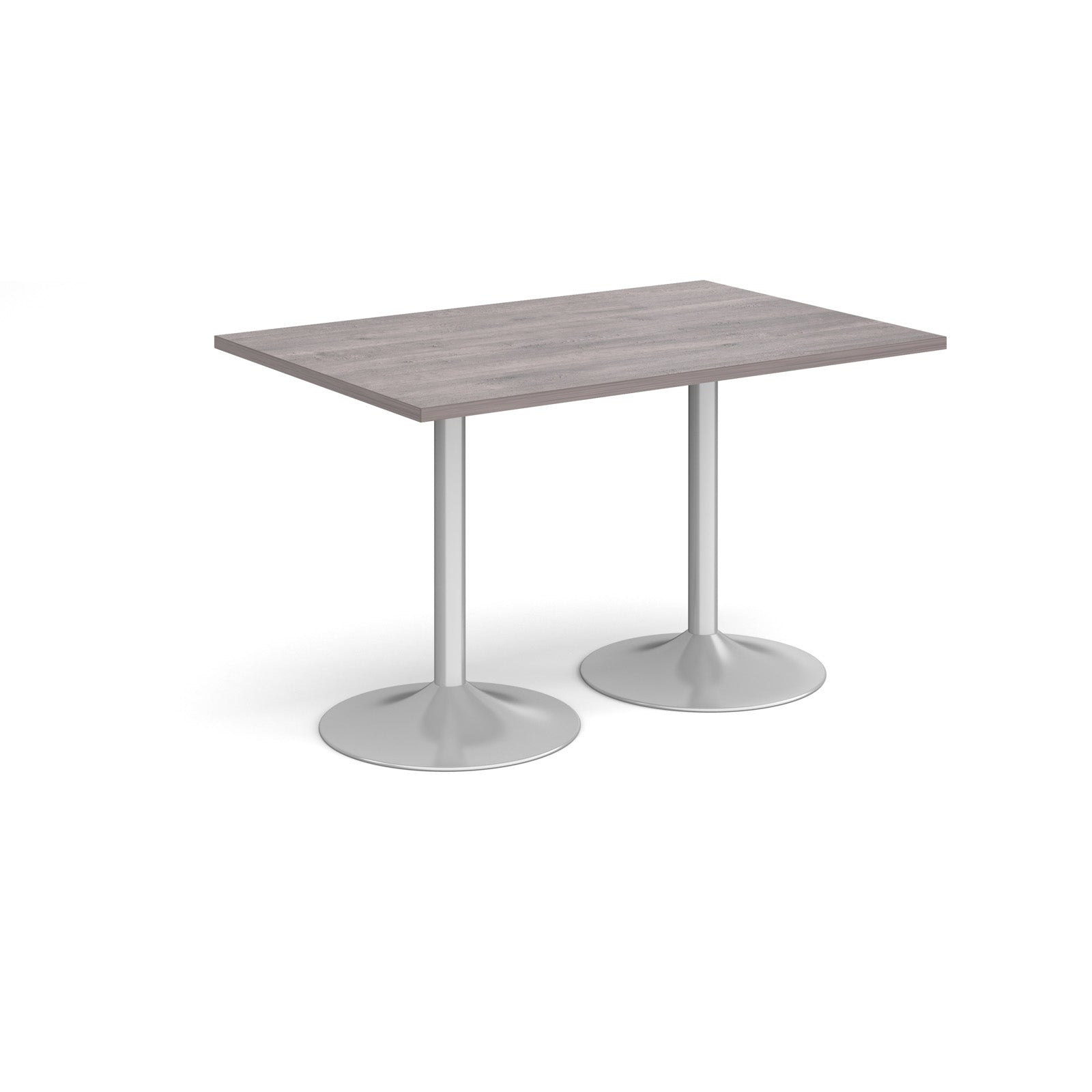 A rectangular table with a grey wood-effect top and two silver pedestal bases, shown on a plain white background.