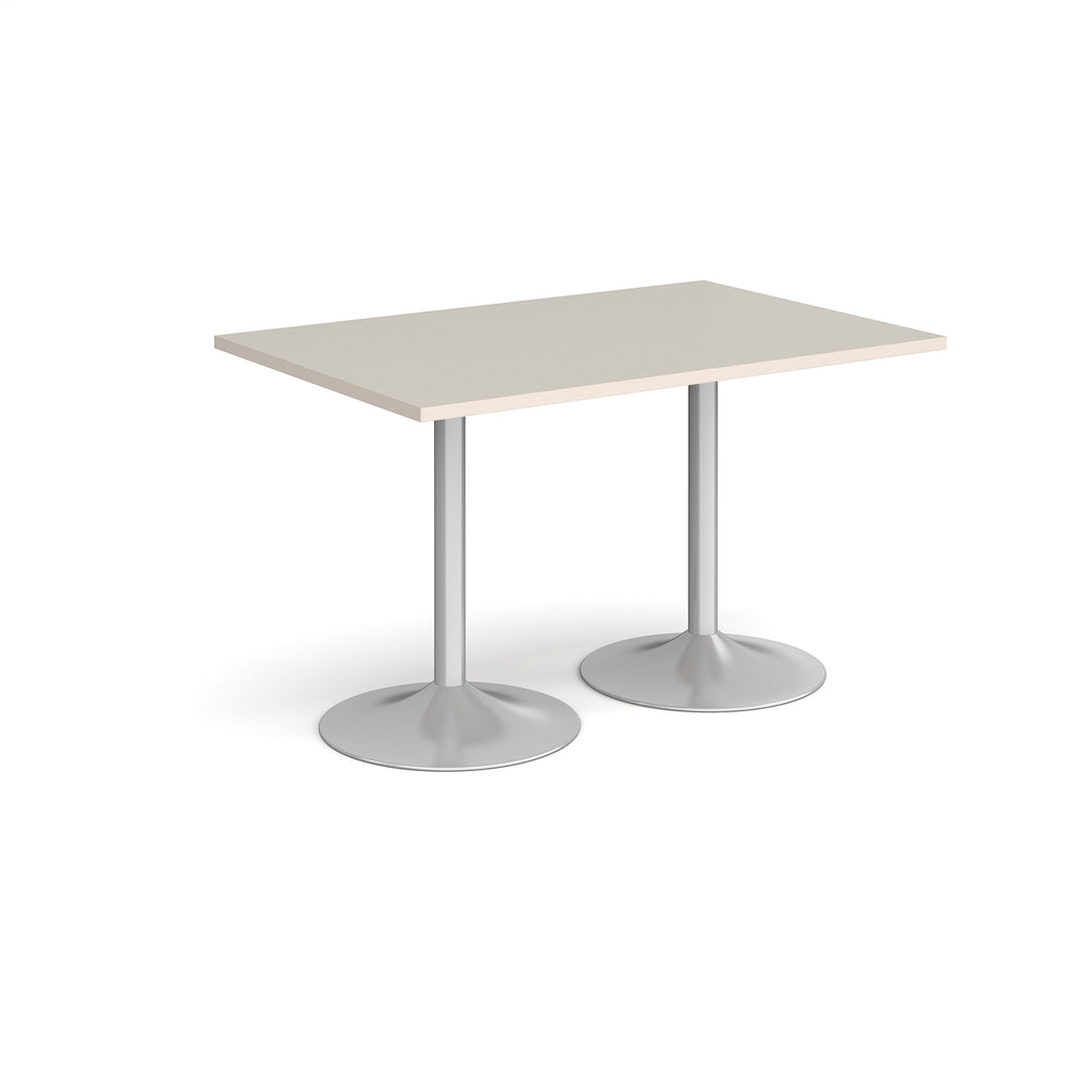 A rectangular table with a light grey top and two silver pedestal bases, shown on a plain white background.