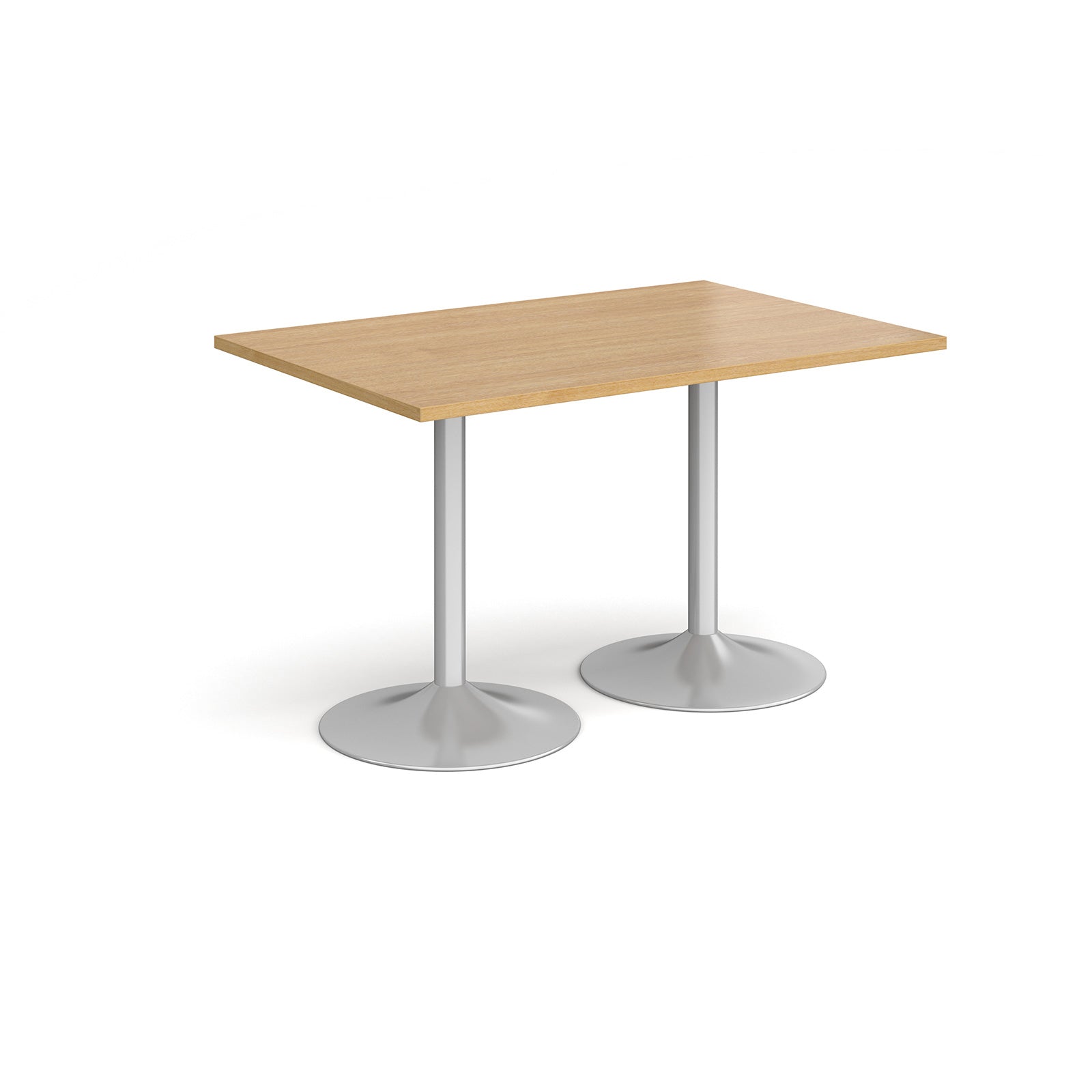A rectangular table with a light wood-effect top and two silver pedestal bases, shown on a plain white background.