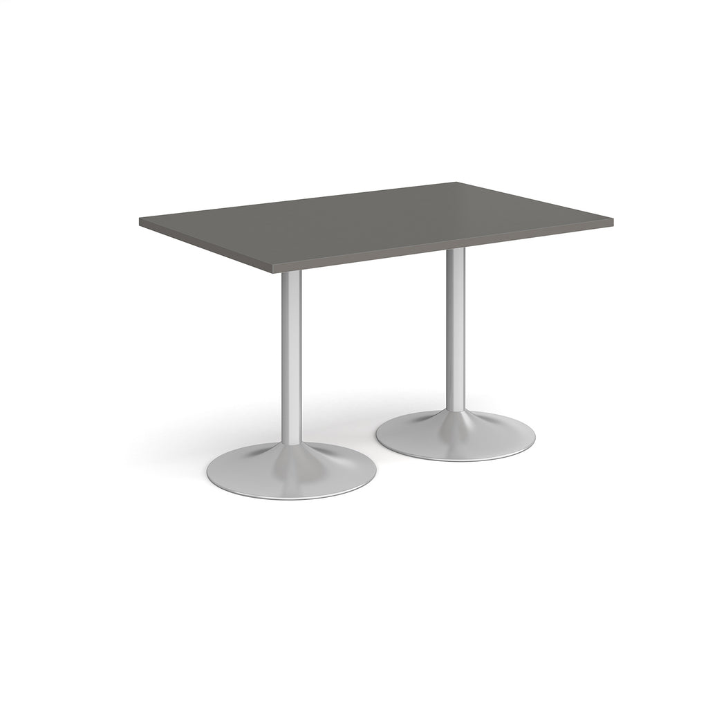 A rectangular table with a grey top and two silver pedestal bases, shown on a plain white background.