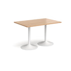 A rectangular table with a light wood-effect top and two white pedestal bases, shown on a plain white background.