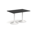 A rectangular table with a black top and two white pedestal bases, shown on a plain white background.