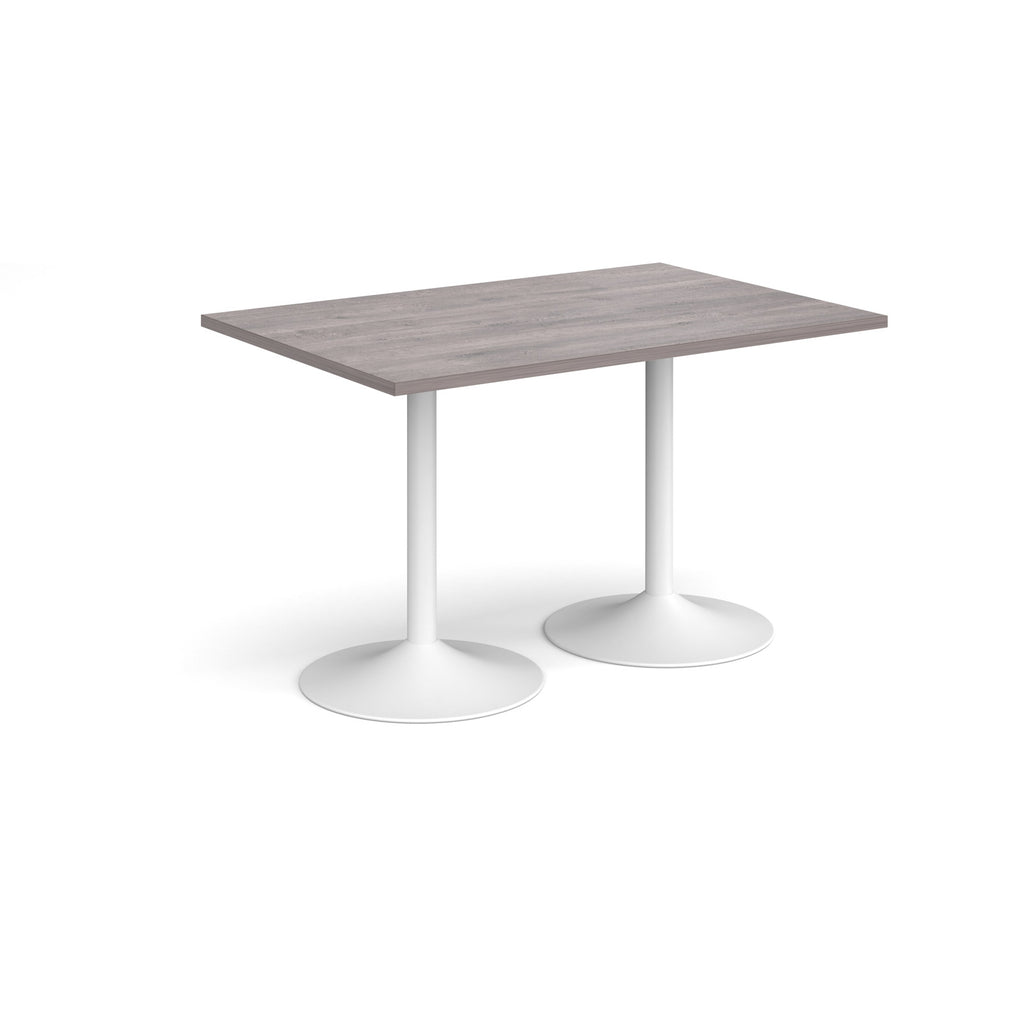 A rectangular table with a grey wood-effect top and two white pedestal bases, shown on a plain white background.
