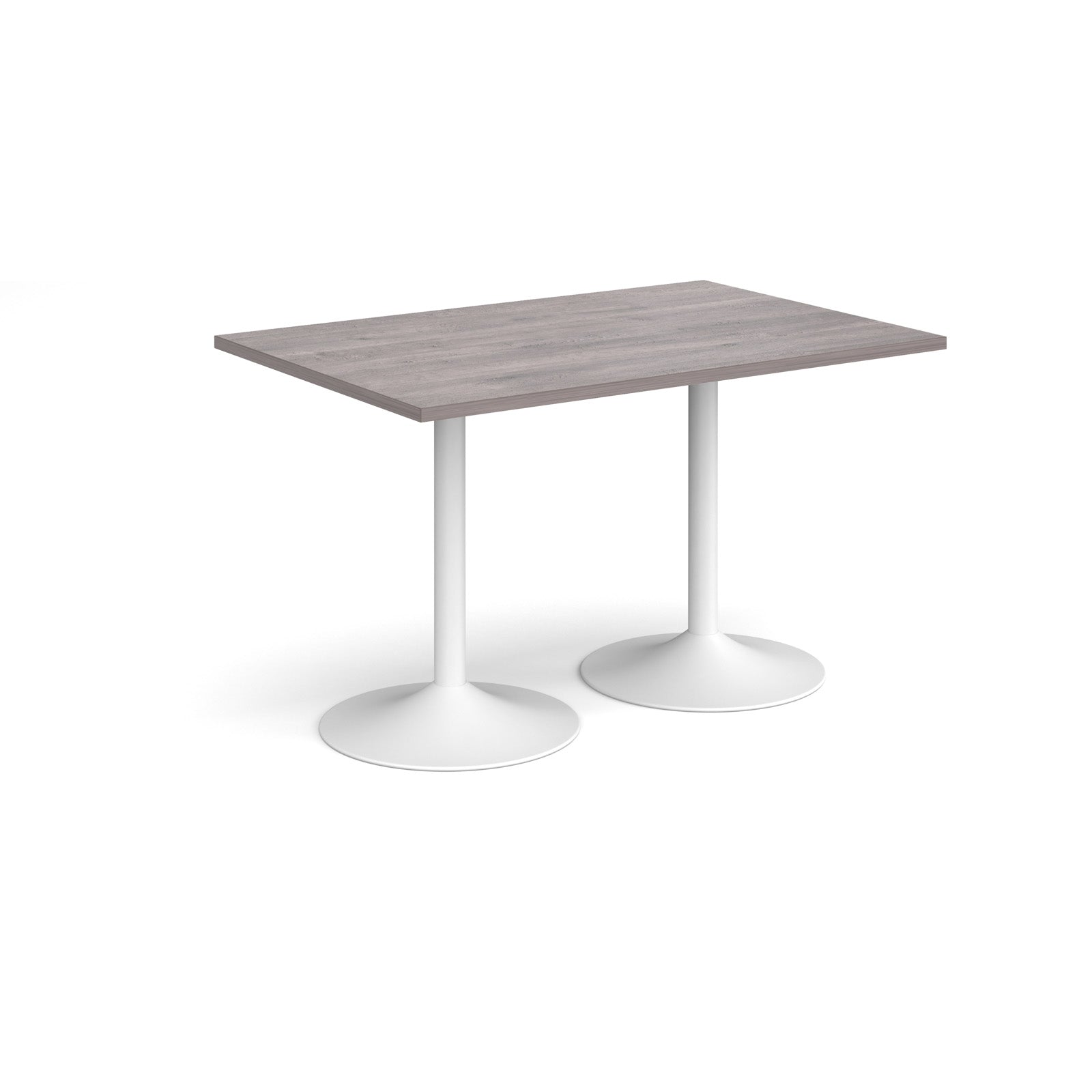 A rectangular table with a grey wood-effect top and two white pedestal bases, shown on a plain white background.