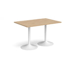 A rectangular table with a light wood-effect top and two white pedestal bases, shown on a plain white background.