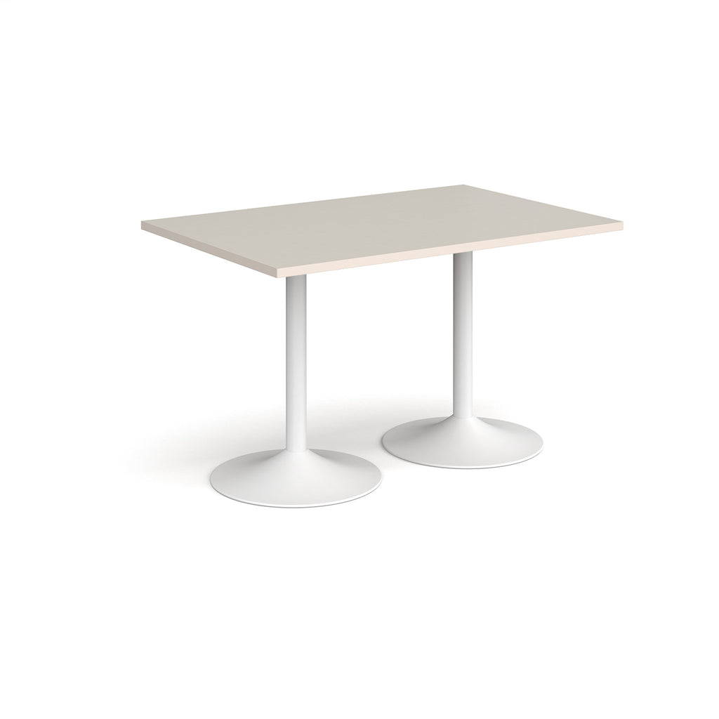 A rectangular table with a light grey top and two white pedestal bases, shown on a plain white background.
