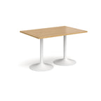 A rectangular table with a light wood-effect top and two white pedestal bases, shown on a plain white background.