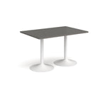 A rectangular table with a grey top and two white pedestal bases, shown on a plain white background.