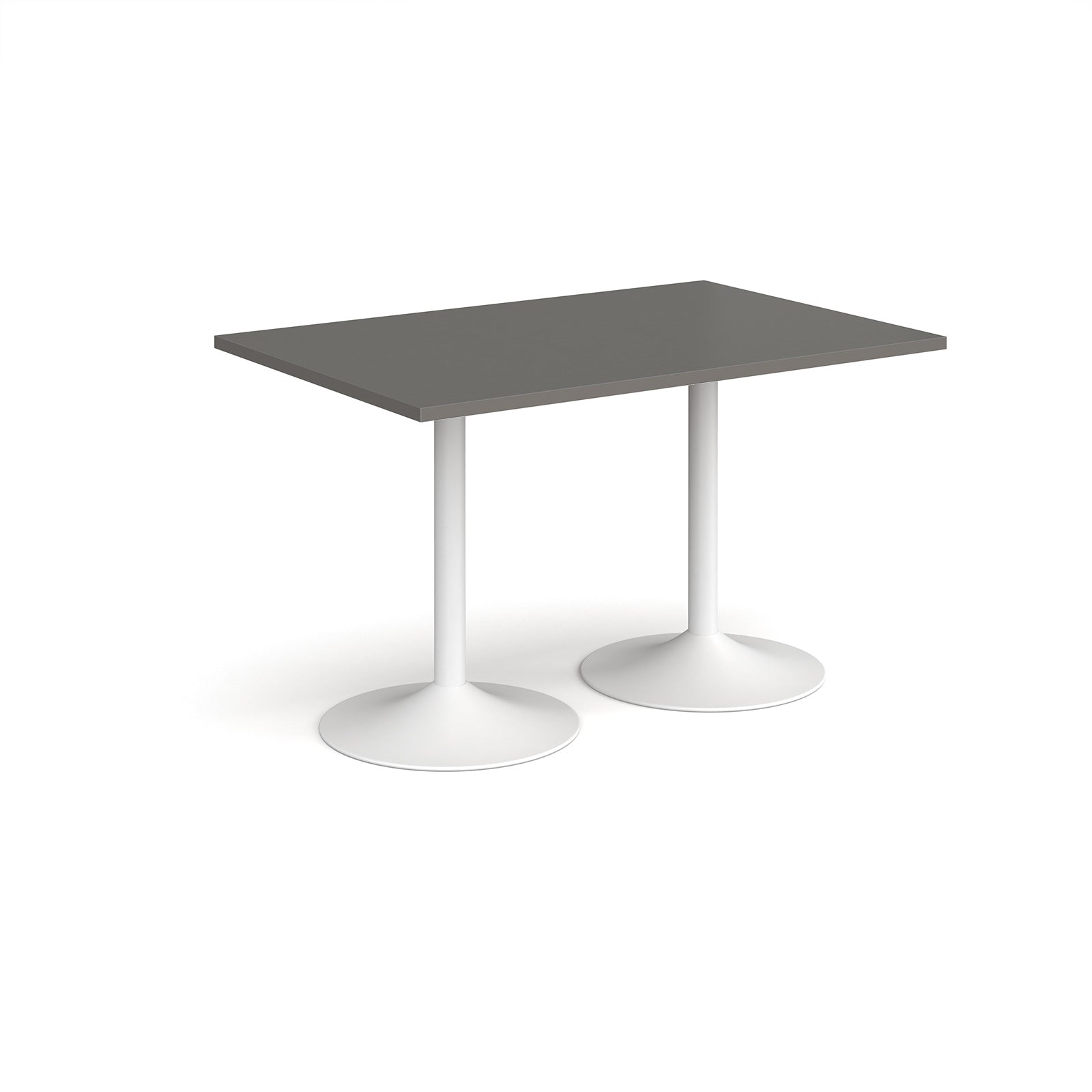 A rectangular table with a grey top and two white pedestal bases, shown on a plain white background.
