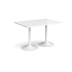 A minimalist white rectangular table with two tulip-style pedestal bases, shown on a seamless white background.