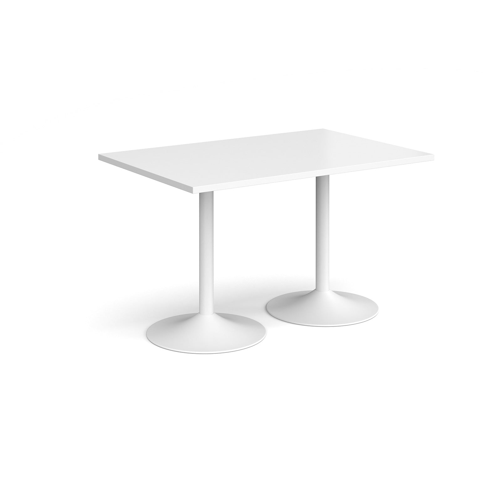 A minimalist white rectangular table with two tulip-style pedestal bases, shown on a seamless white background.