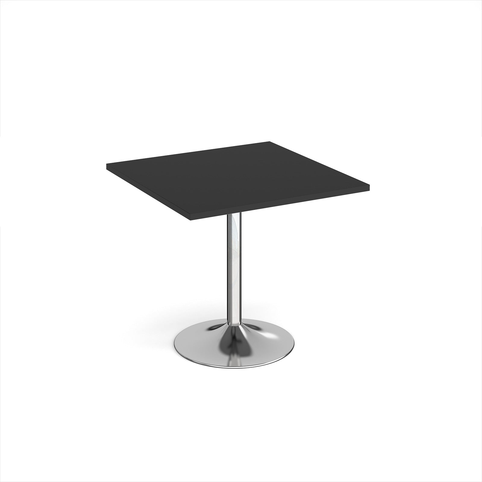 A modern square dining table with a black top and a chrome pedestal base, shown on a plain white background.