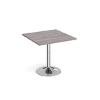 A modern square dining table with a grey wood-effect top and a chrome pedestal base, shown on a plain white background.