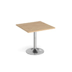 A modern square dining table with a wood-effect top and a chrome pedestal base, shown on a plain white background.