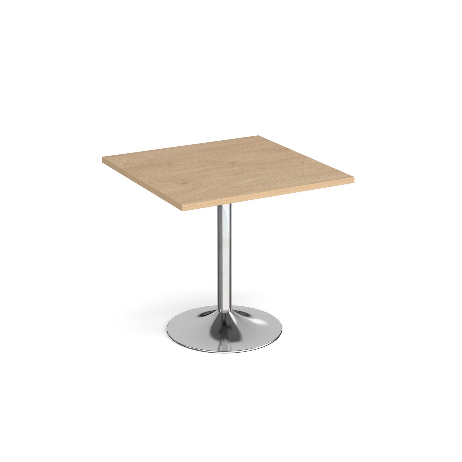 A modern square dining table with a wood-effect top and a chrome pedestal base, shown on a plain white background.