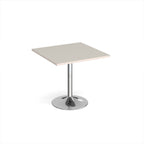 A modern square dining table with a light grey top and a chrome pedestal base, shown on a plain white background.