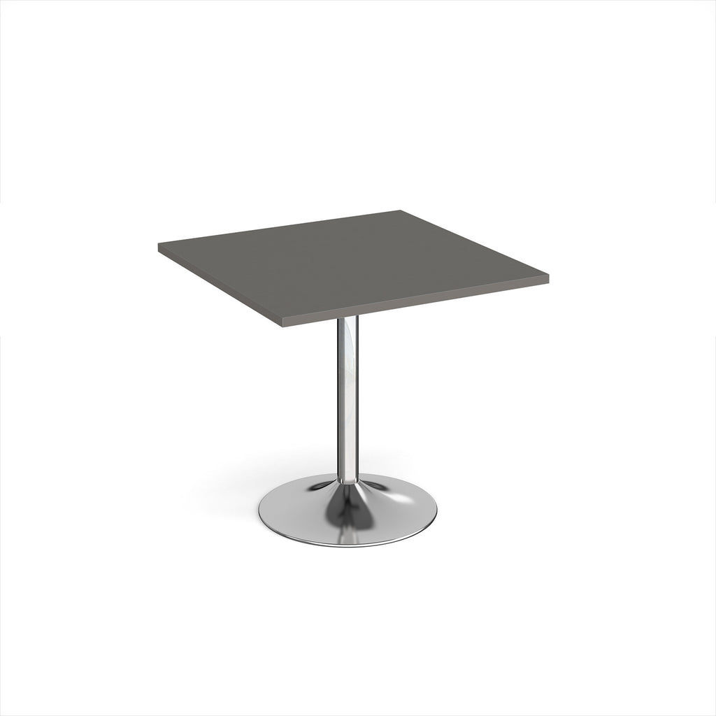 A modern square dining table with a grey top and a chrome pedestal base, shown on a plain white background.