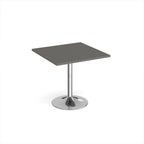 A modern square dining table with a grey top and a chrome pedestal base, shown on a plain white background.