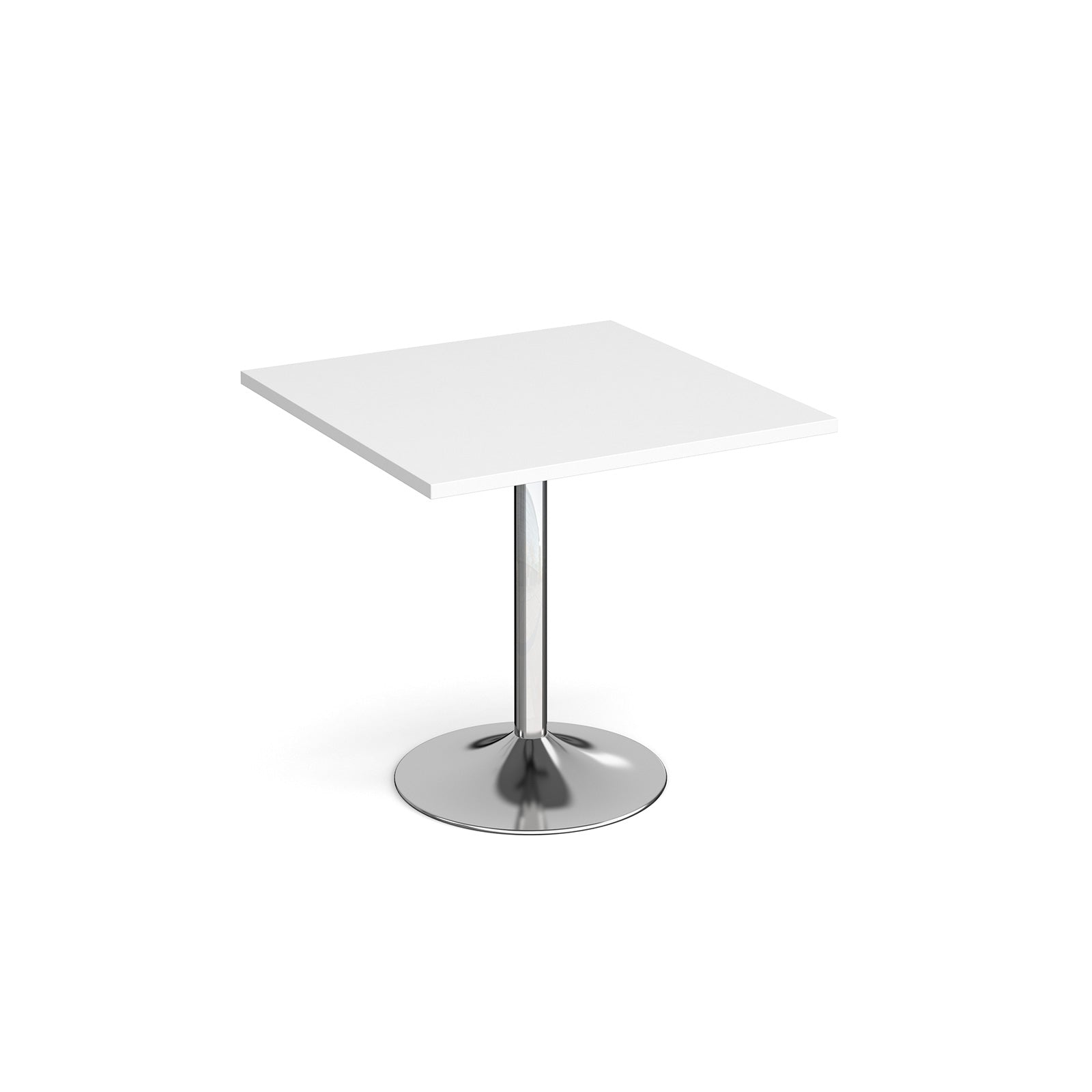 A modern square dining table with a white top and a chrome pedestal base, shown on a plain white background.