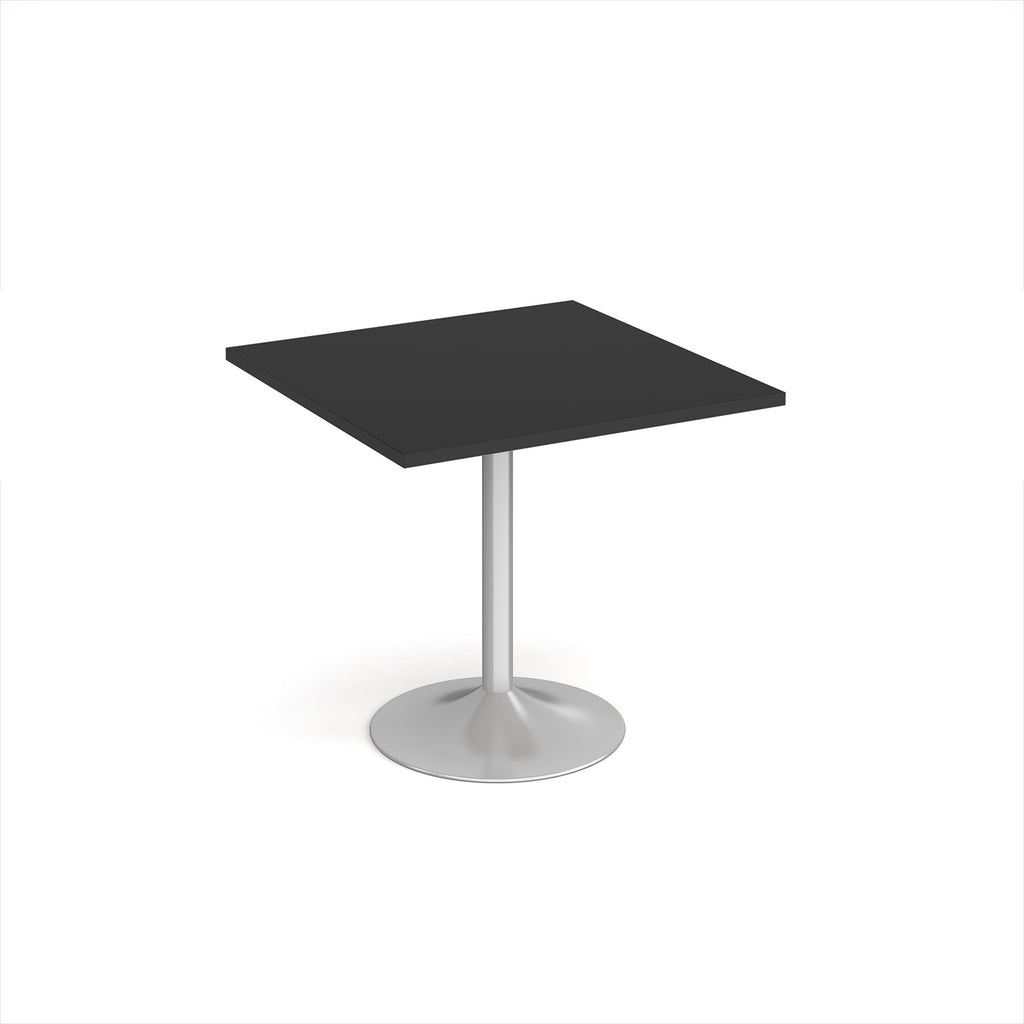 A modern square dining table with a black top and a silver pedestal base, shown on a plain white background.