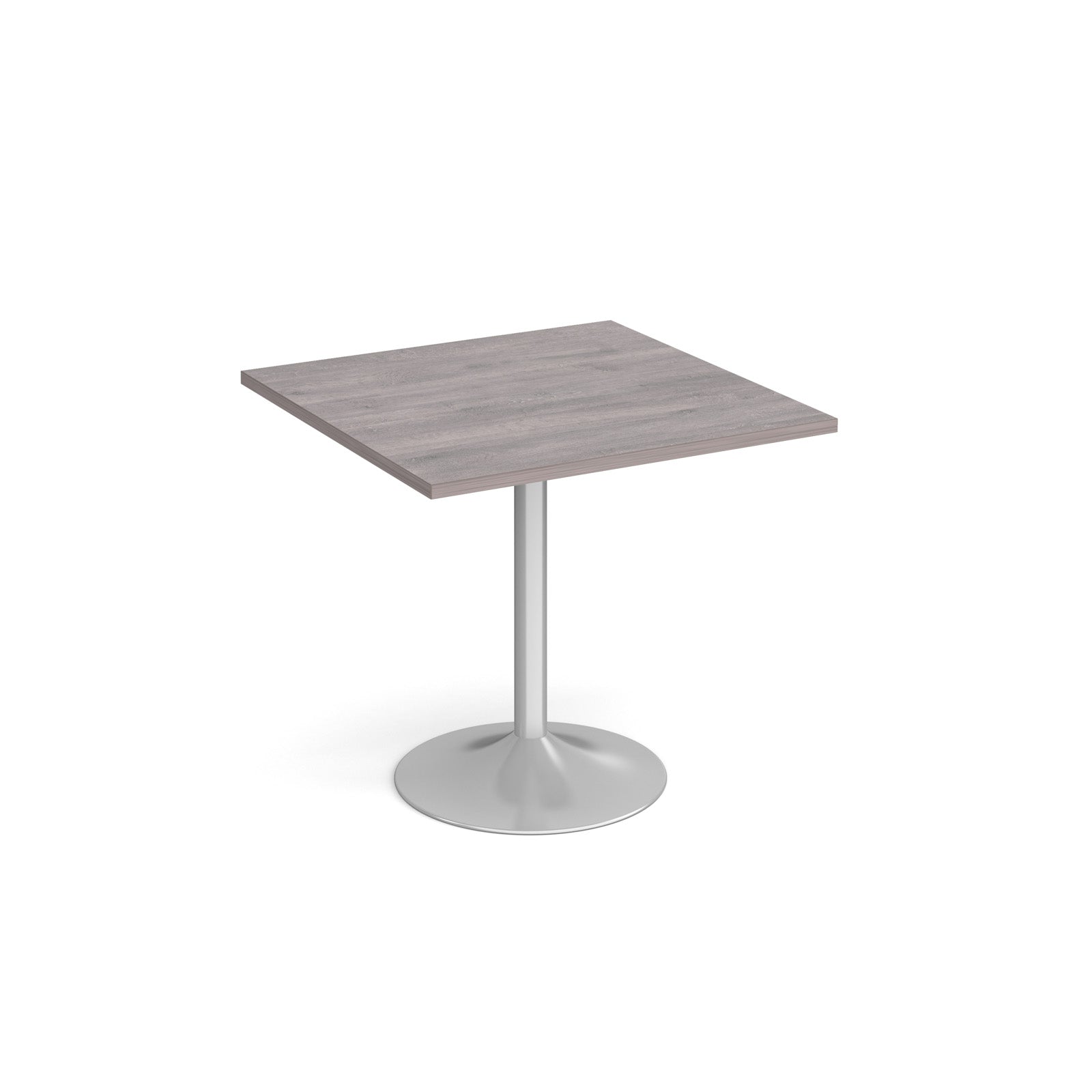 A modern square dining table with a grey wood-effect top and a silver pedestal base, shown on a plain white background.