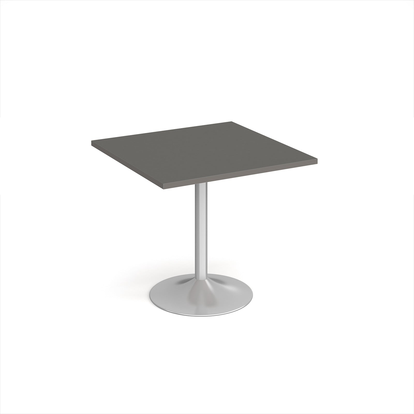 A modern square dining table with a grey top and a silver pedestal base, shown on a plain white background.