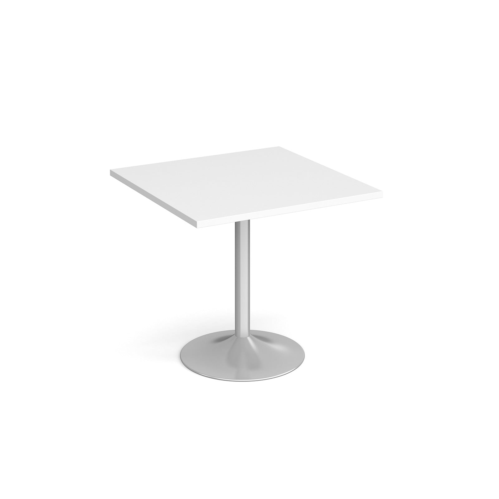A modern square dining table with a white top and a silver pedestal base, shown on a plain white background.